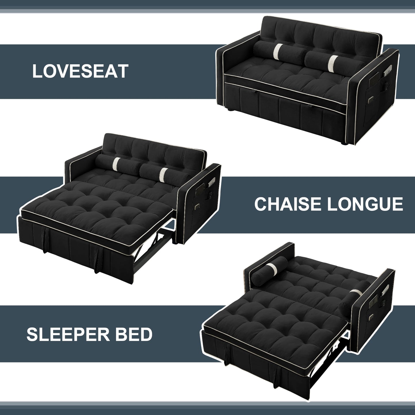 Muumblus 55" Pull Out Sofa Bed Convertible Loveseats Sleeper Modern Velvet Futon Couch Beds for Living Room, Apartment, Black