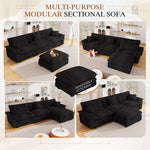 Muumblus Modular Sectional Cloud Couch with Ottoman, Oversized L-Shaped Corduroy Sofa for Living Room, Black
