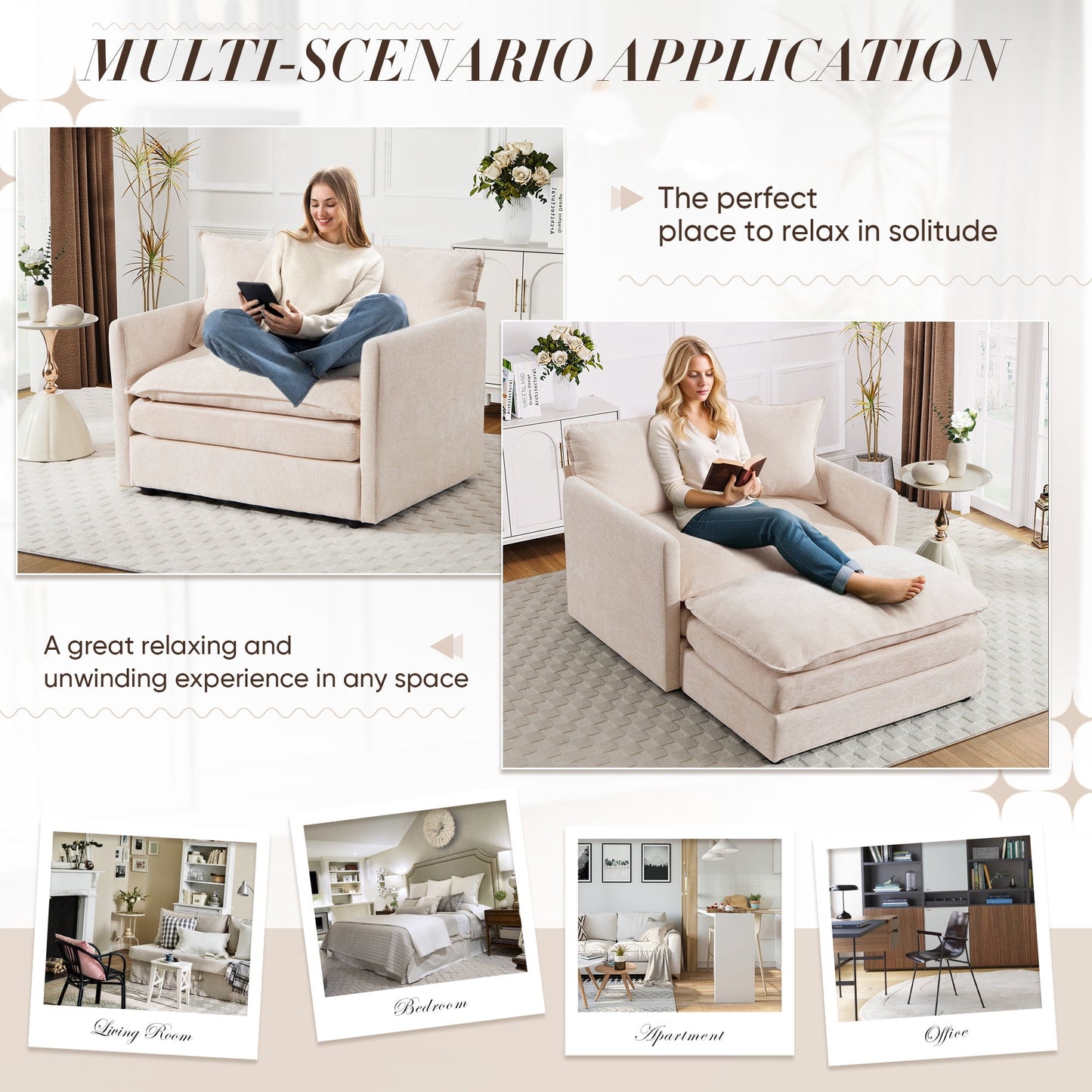 Muumblus Oversized Lounge Chair with Ottoman, Cloud Accent Armchair for Living Room, Beige Chenille