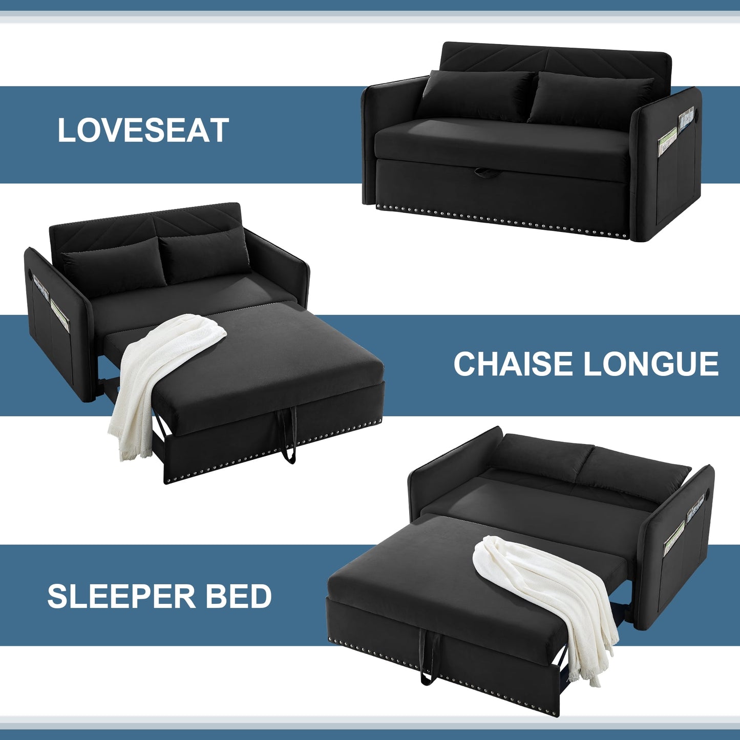 Muumblus 55" Pull Out Sofa Bed, Convertible Sleeper Loveseat with USB Ports, Modern Velvet Small Love Seat Futon Sofa for Living Room, Adjsutable Backrest, Black