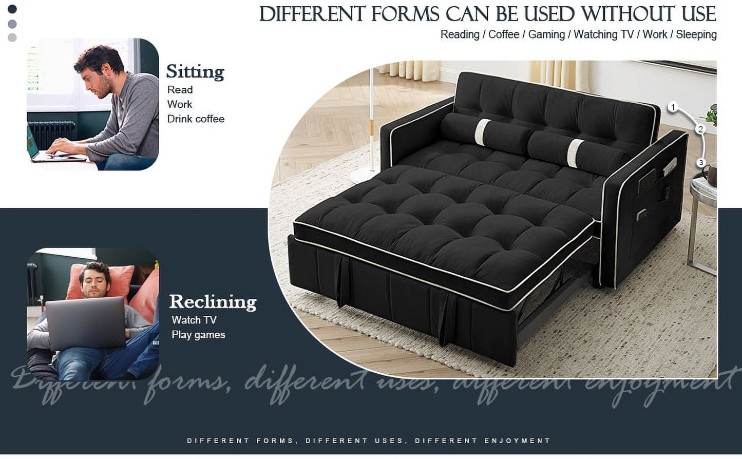 Muumblus Small Foldable Loveseat, 2 Seater Convertible Futon Sofa Bed, Adjustable Backrest, Velvet Couch, Black