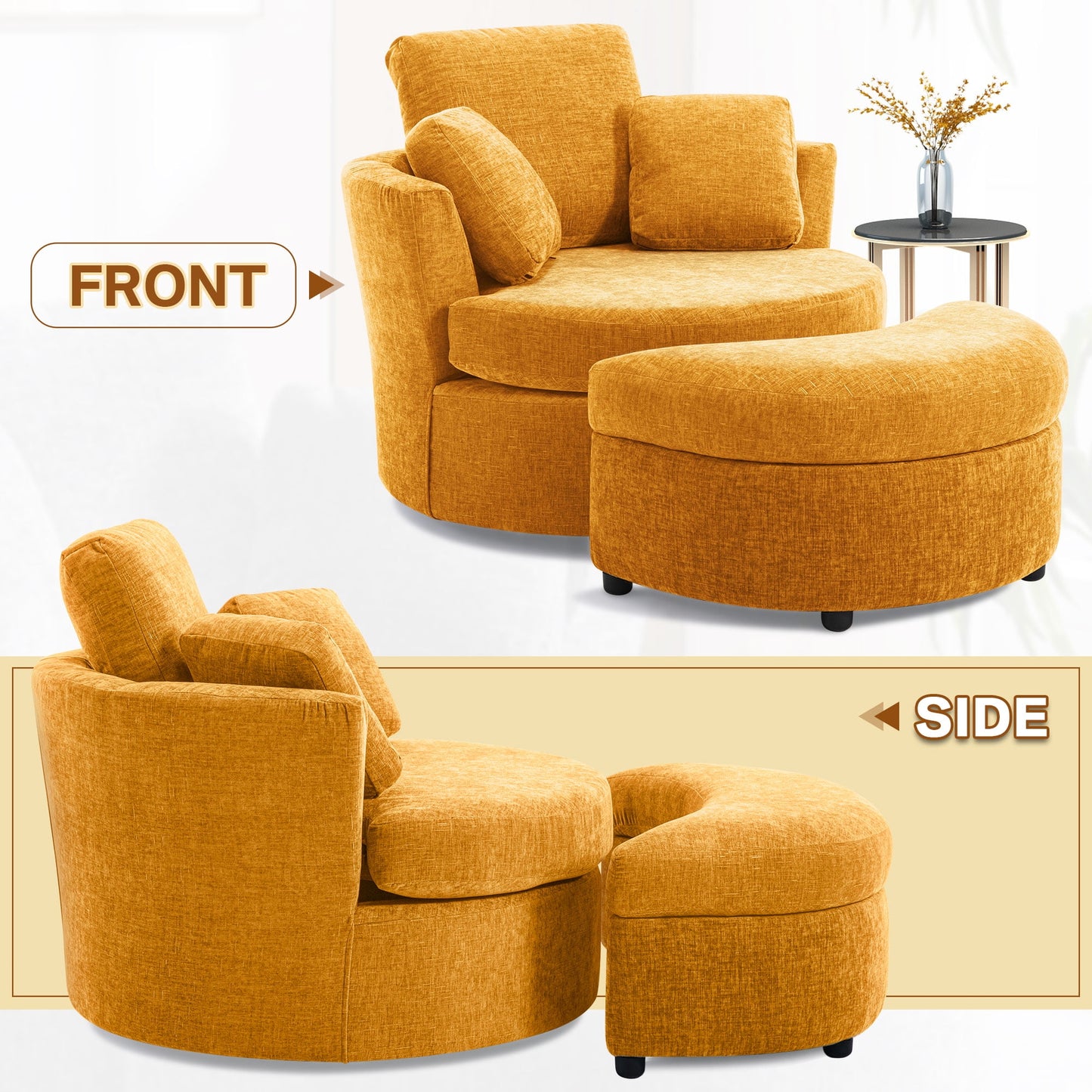 Muumblus Chenille Swivel Barrel Accent Chair with Storage Ottoman, Oversized Comfy Armchair for Living Room Bedroom, Yellow