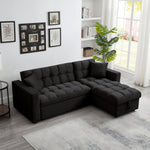 Muumblus 84" Convertible Sofa Bed, Queen Size Sleeper Sectional with Storage Chaise, Black Velvet, L-Shaped Couch for Living Room, Apartment