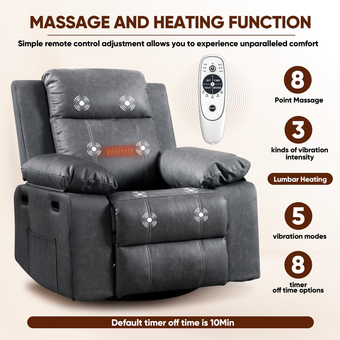 Muumblus Swivel Rocker Recliner with Heat and Massage, Power Recliner Lounge Chair for Living Room, Gray Faux Leather