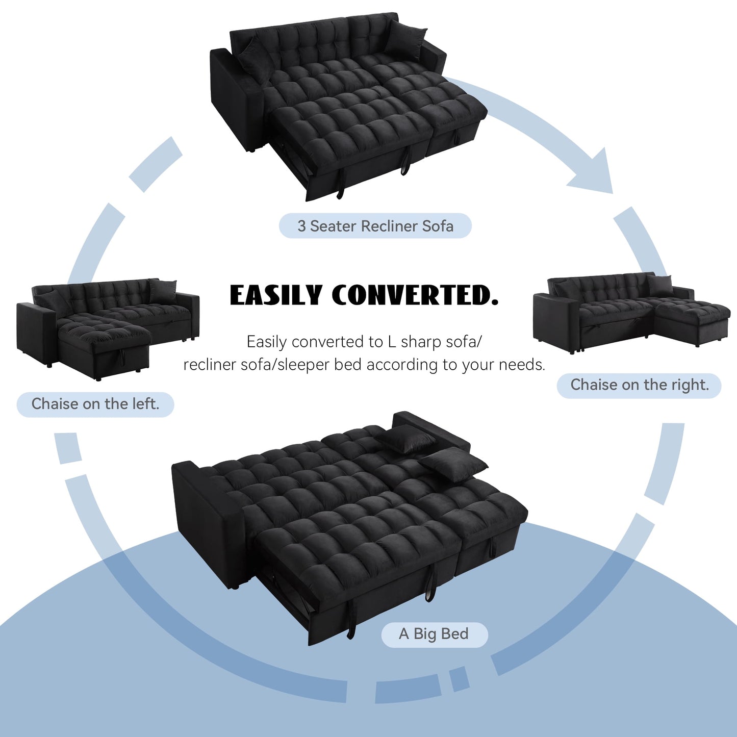 Muumblus 84" Convertible Sofa Bed, Queen Size Sleeper Sectional with Storage Chaise, Black Velvet, L-Shaped Couch for Living Room, Apartment