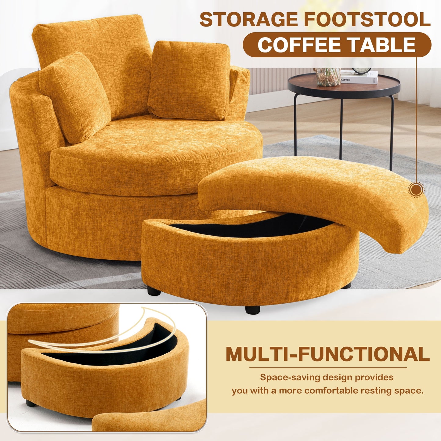 Muumblus Chenille Swivel Barrel Accent Chair with Storage Ottoman, Oversized Comfy Armchair for Living Room Bedroom, Yellow