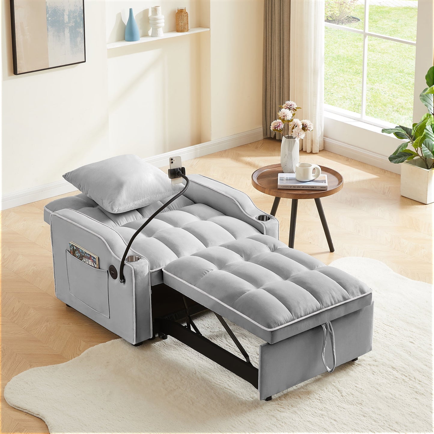 Muumblus Sleeper Sofa Chair Bed with Swivel Phone Stand, Cup Holders, 3-in-1 Convertible Pull Out Sofa Bed for Living Room, Gray Velvet