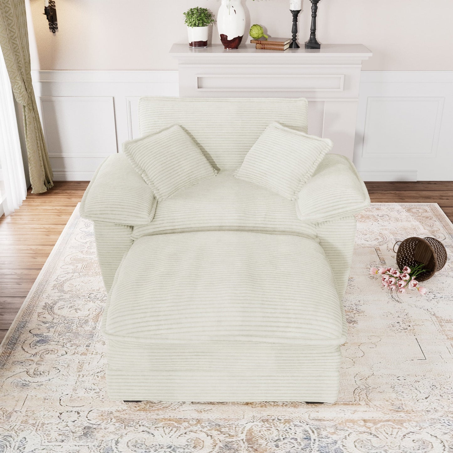 Muumblus Oversized Accent Chair with Ottoman, 48" Indoor Chaise Lounge Cloud Sofa Reading Armchair for Modern Living Room, Bedroom, Beige Corduroy