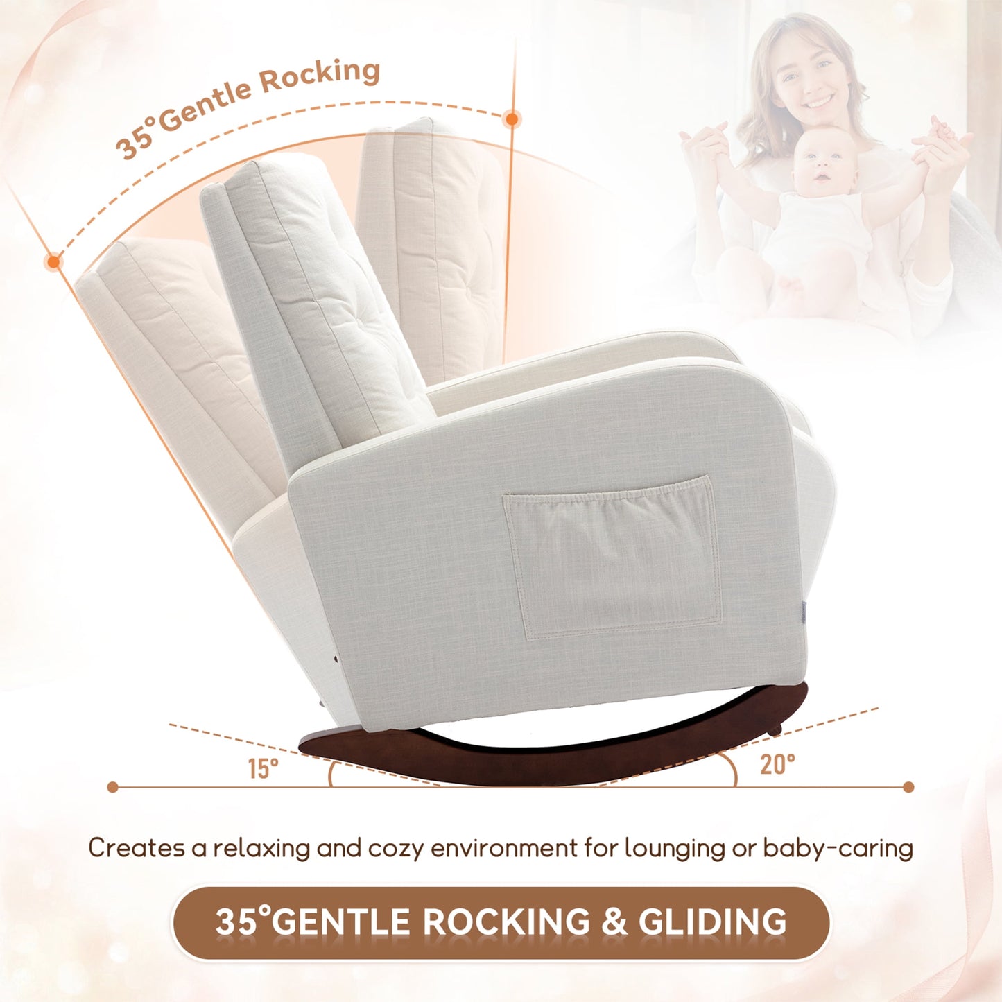 Muumblus Glider Rocker for Living Room, Rocking Chair for Nursery, Tufted High Back, Beige Linen