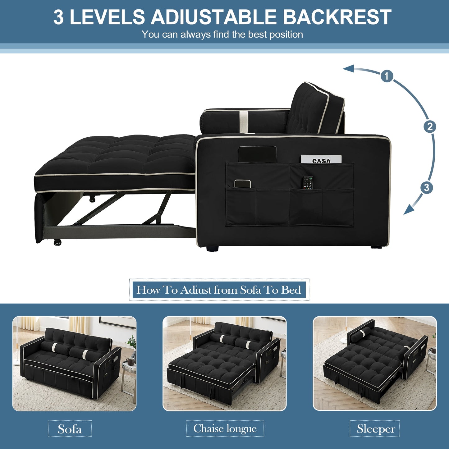 Muumblus Small Foldable Loveseat, 2 Seater Convertible Futon Sofa Bed, Adjustable Backrest, Velvet Couch, Black