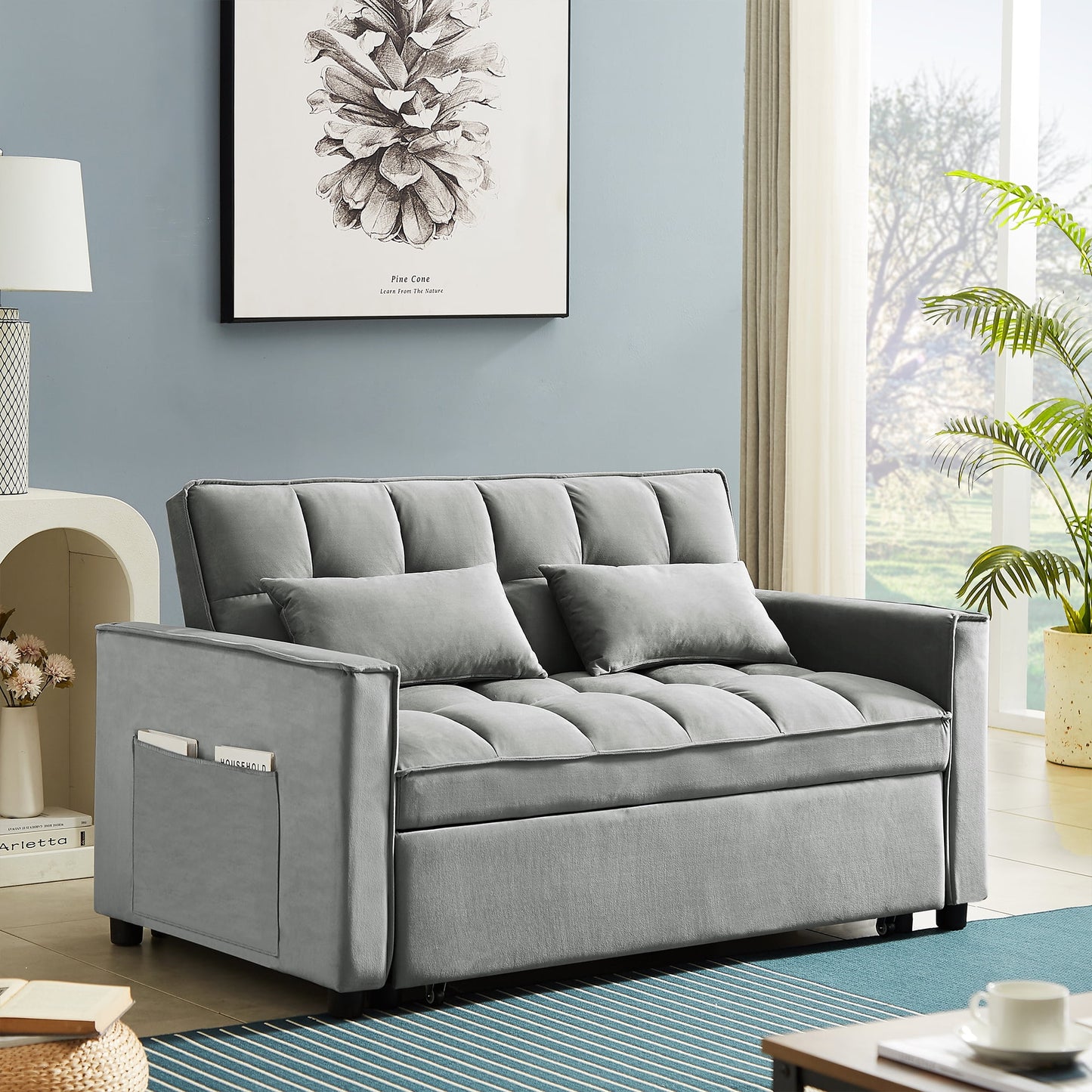Muumblus 55" Pull Out Sofa Bed, Convertible Sleeper Loveseat with Adjsutable Backrest, Modern Velvet Futon Sofa Beds for apartment, Grey